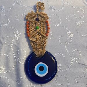 Handcrafted Turkish Glass Evil Eye Wall Hanging With Hemp Rope And Glass Beads